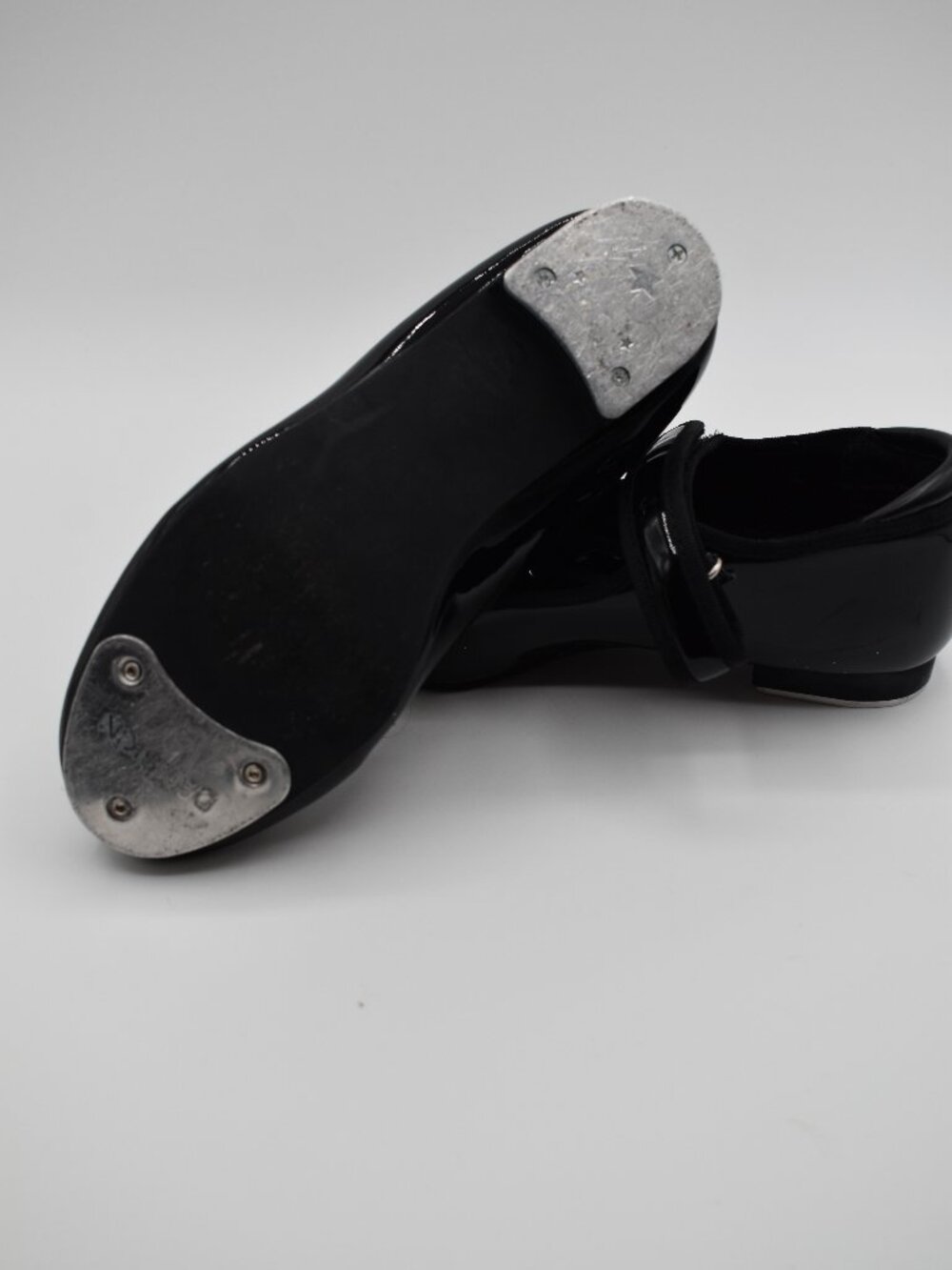 Danskin Girls Black Patent Tap Dance Shoes Size 1 Mary Jane Metal Toe Heel Taps